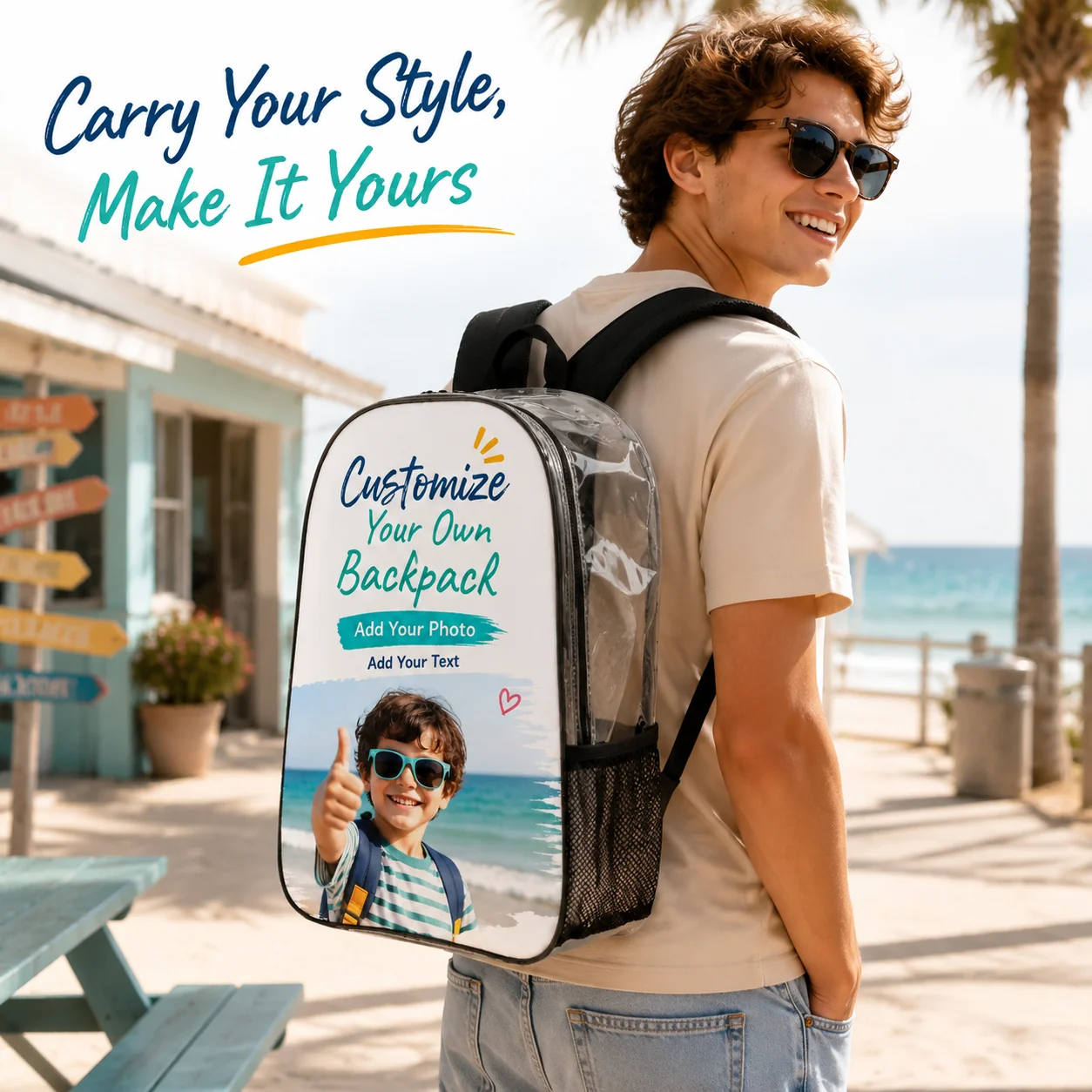 Custom DIY Photo Clear PVC Backpack Stadium Approved Transparent School Bag Side Mesh Pocket Waterproof Travel Shoulder Bag