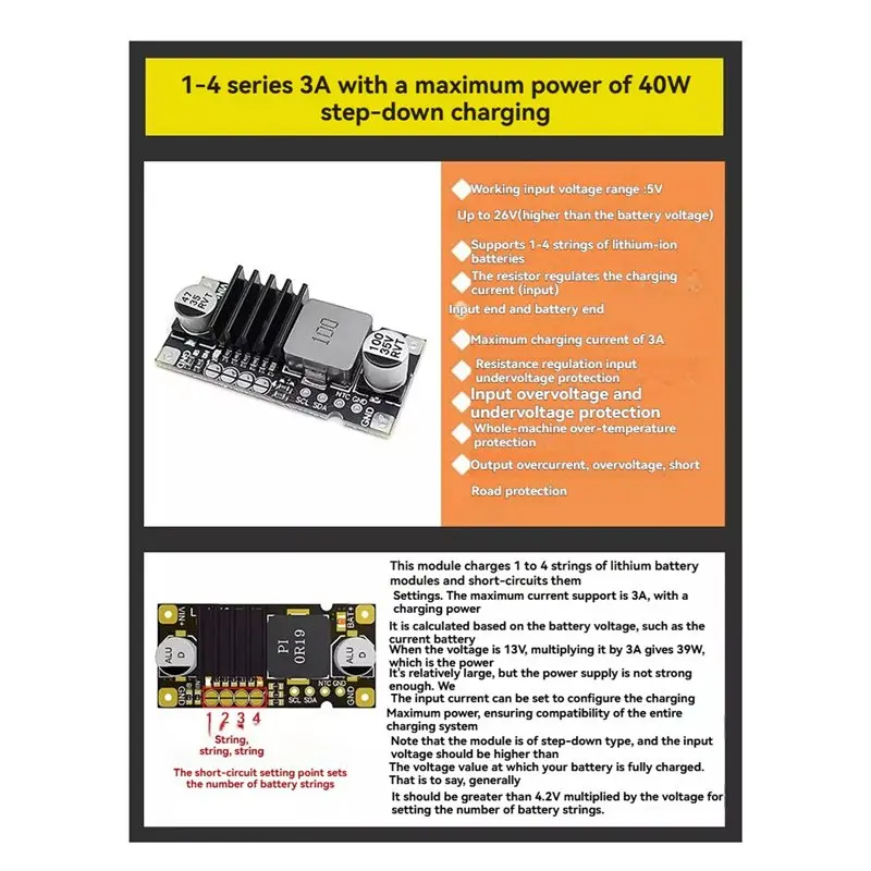 A37T 40W 3A Fast Charging Module for 1/2/3/4S Li- Battery Packs, Wide Input 5-26V Power Module