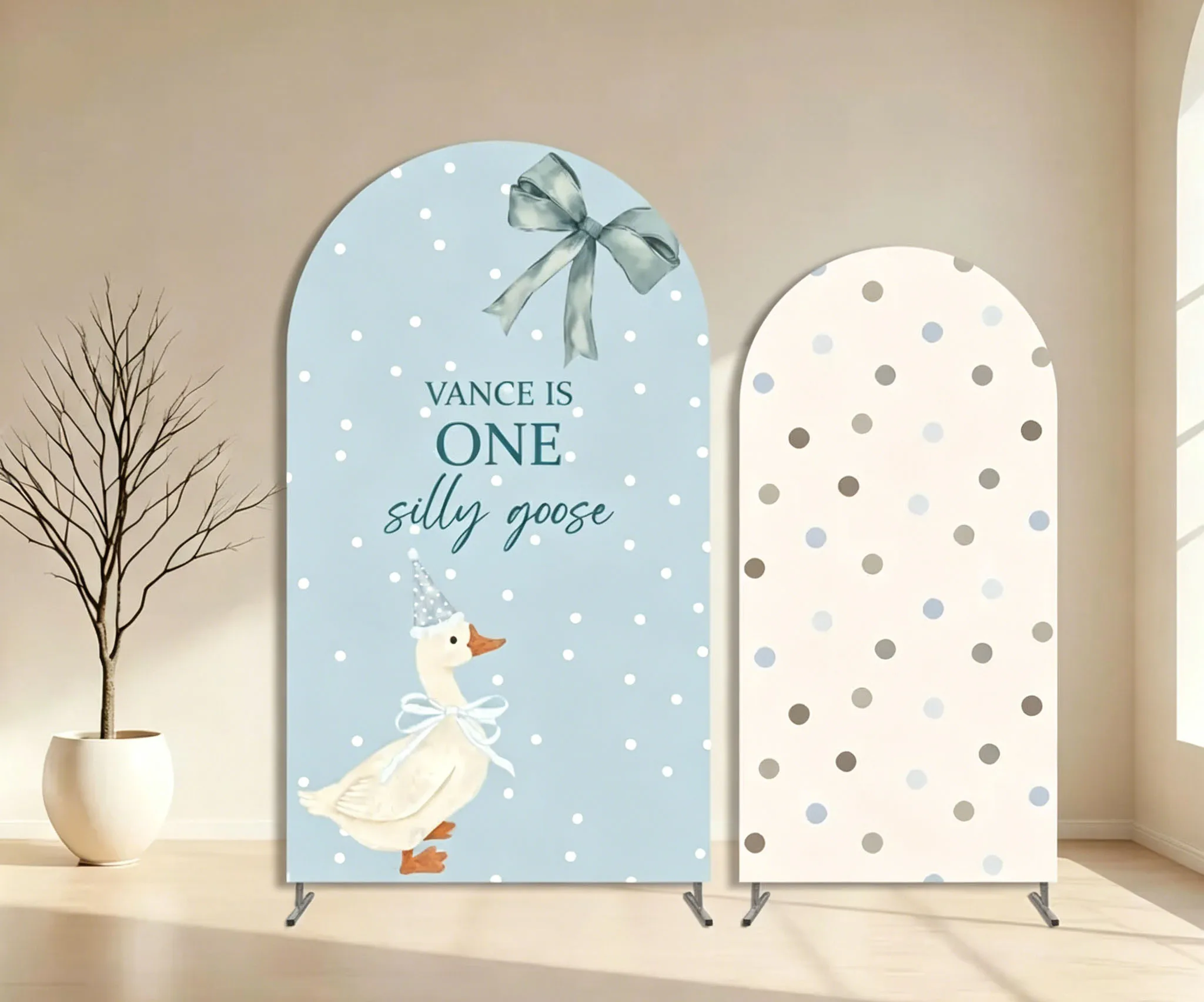 Custom 2-Sided One Silly Goose Baby Shower Arch Backdrop Cover Blue bow polka dots Custom Name Birthday Decor Backdrop Photo