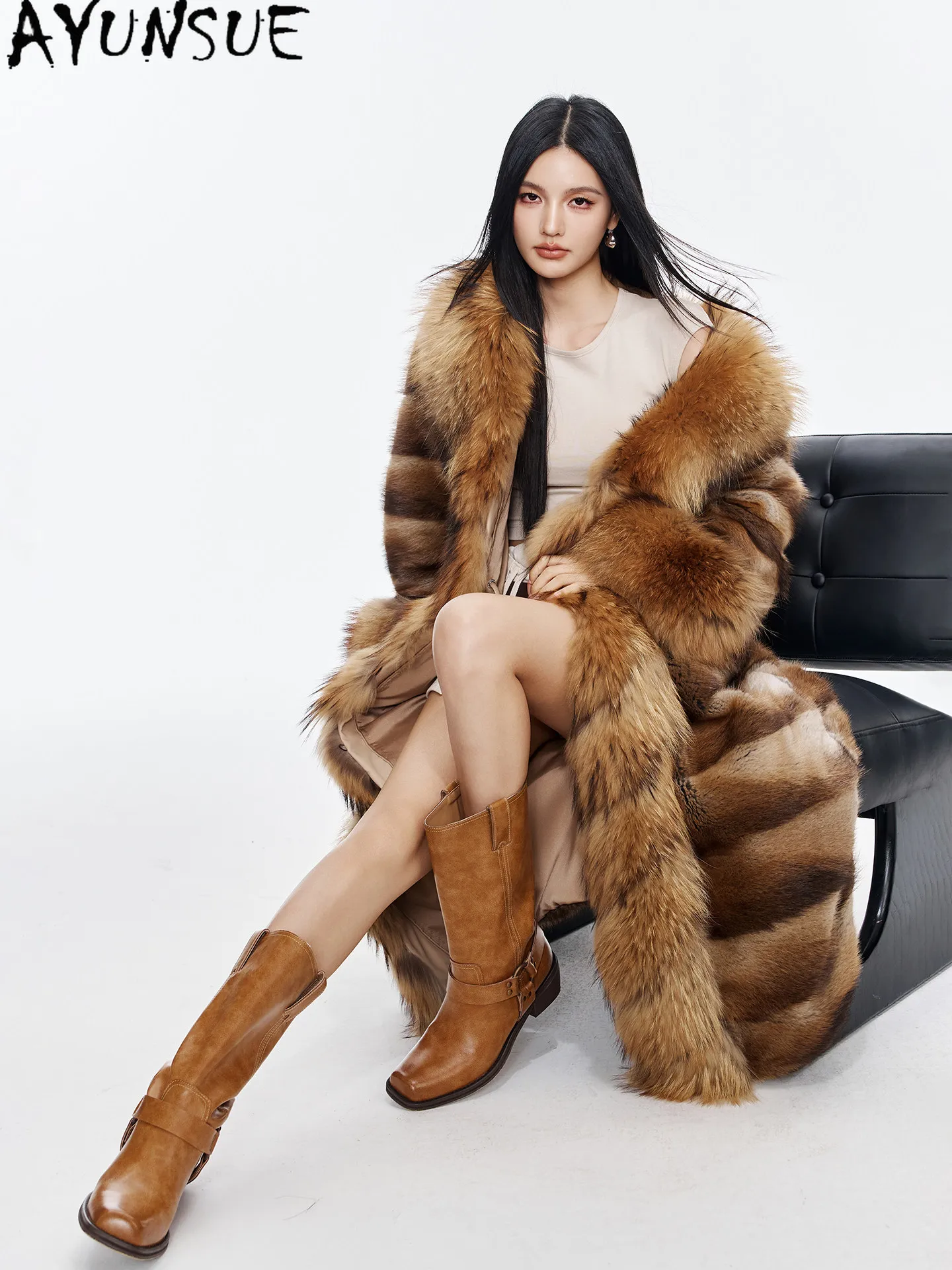 AYUNSUE Natural Mink Fur Coat Women Long Winter Jacket Whole Qinggen Mink Womens Coats Luxury Clothes Warm Raccoon Fur Collar