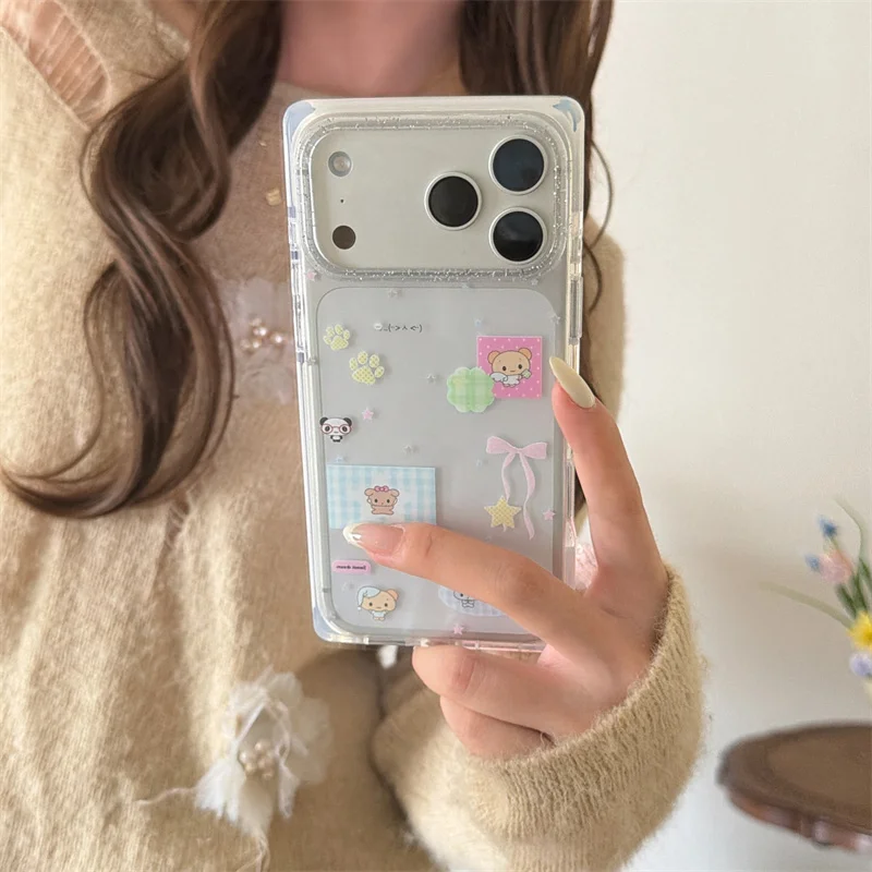 Cute Kawaii Cartoon Bear Sticker Glitter Phone Case For iPho