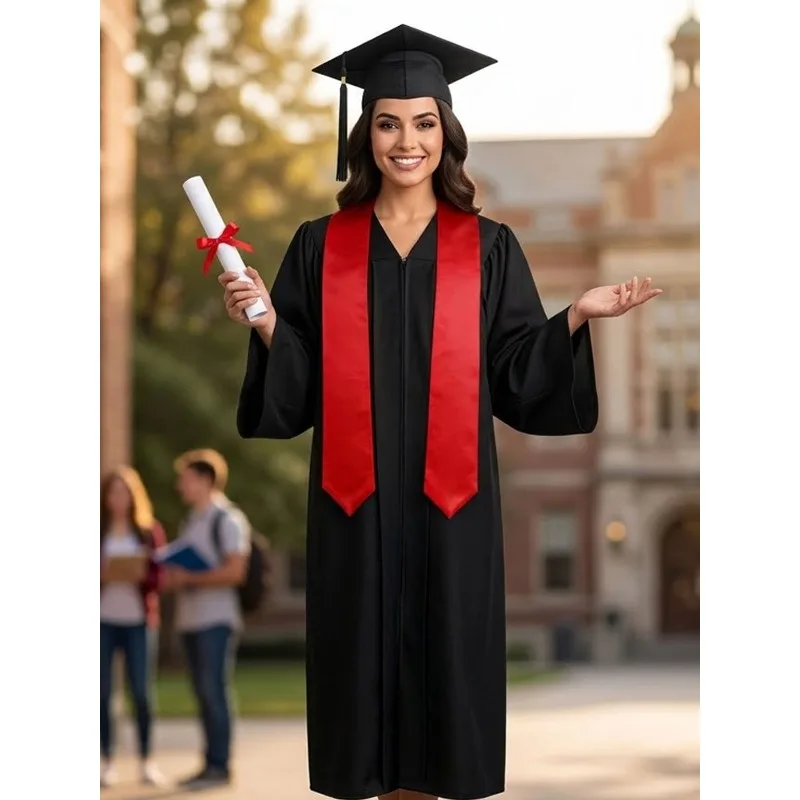 University Graduation Anniversary Cosplay Costume Loose Black Graduation Gown with Red Ribbon Bachelor's Hat Graduation Gown