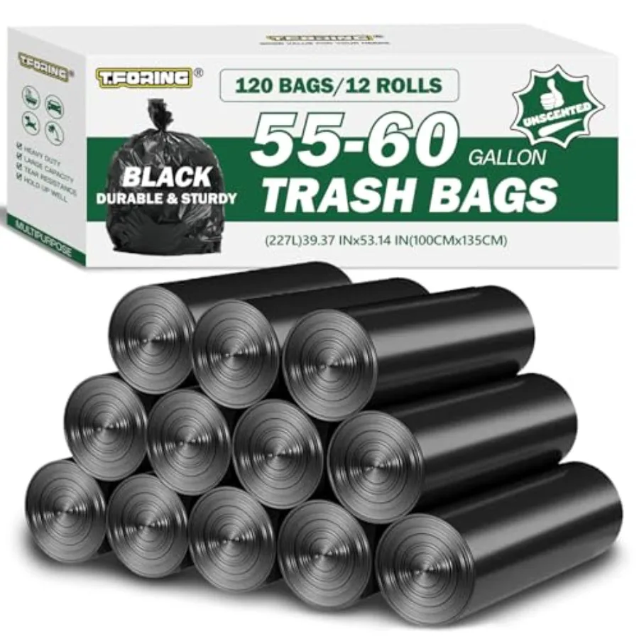 

55-60 Gallon Black Trash Bags 120 Count - 40''x53'' Extra Large 50+ Gallon Garbage BagsUnscented Strong Huge Can Liners for Con
