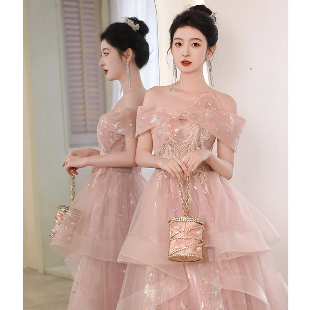 Elegant Women Party Dresses Sweet Pink Off Shoulder Lace Up Bow Collar Evening Dress Sequins Prom Gown Tiered A-Line Vestido