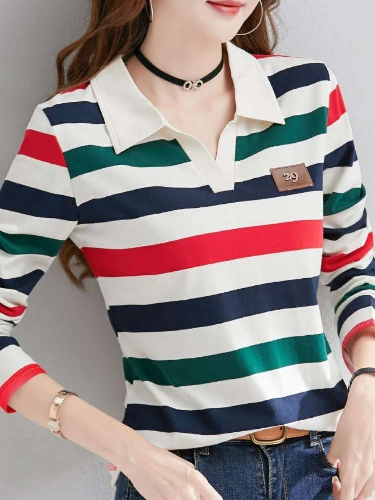 Slimming Striped Polo T-Shirt for Women 100% Cotton Long Sleeve Innerwear for 2026 Transitional Wardrobe