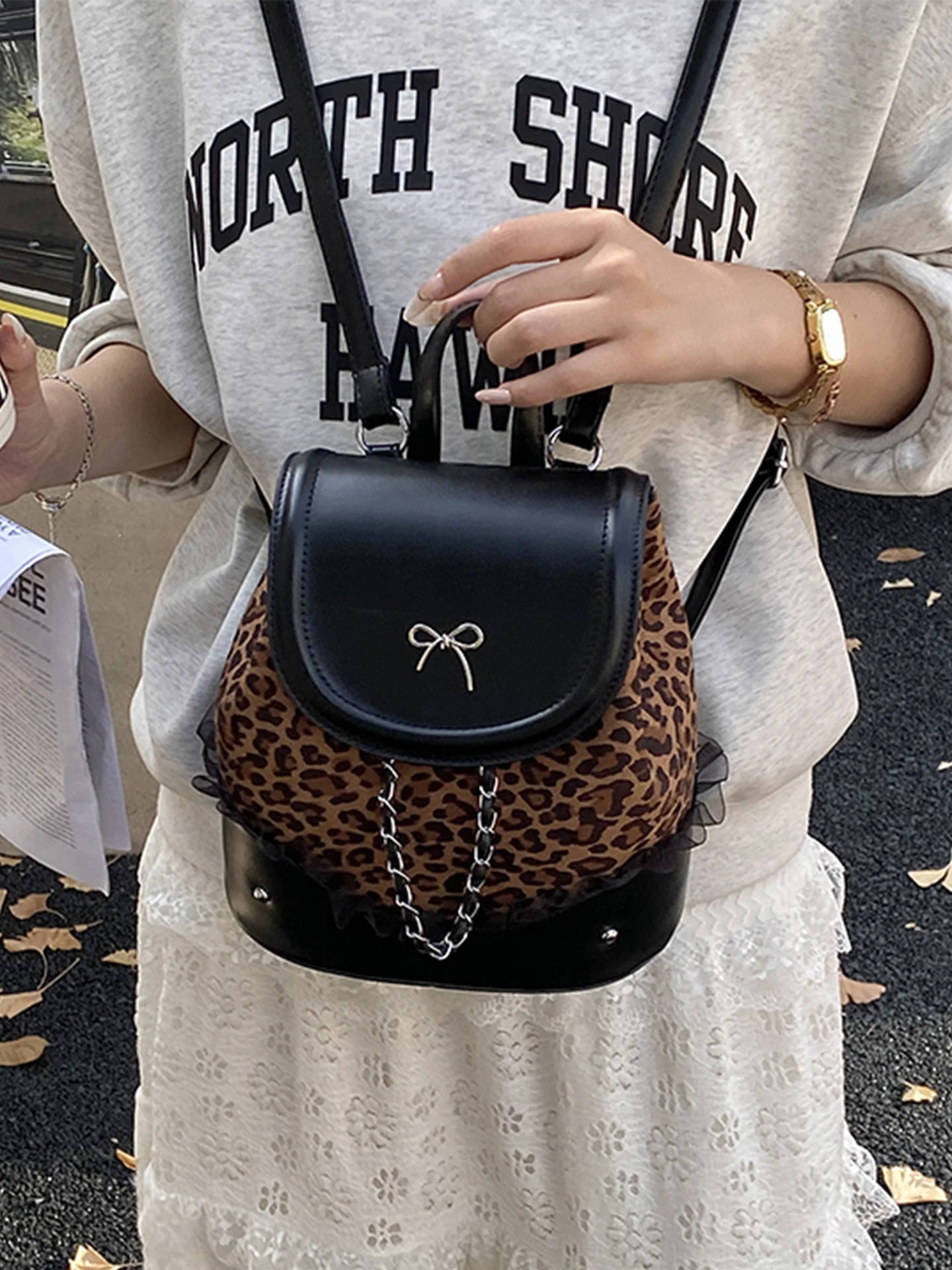 Leopard Travel Backpack for Women Autumn Winter New Flap Splicing Handbags Fashion Niche High End Drawstring Korean Popular Bag