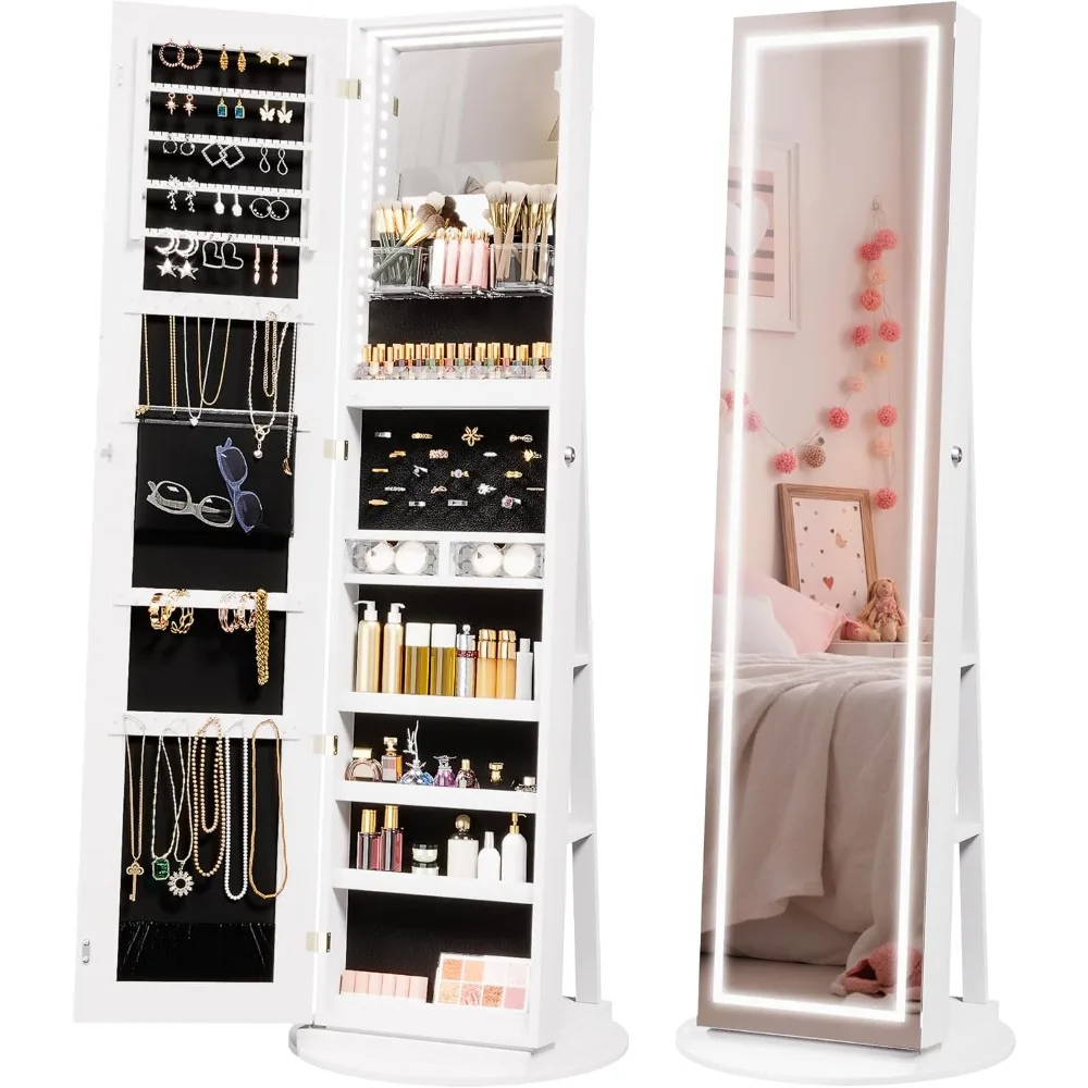 LED Mirror Jewelry Cabinet Standing, Jewelry Armoire W/61 Inches Adjustable LED Full Length Mirror, 360°Swivel Jewelry Cabinet