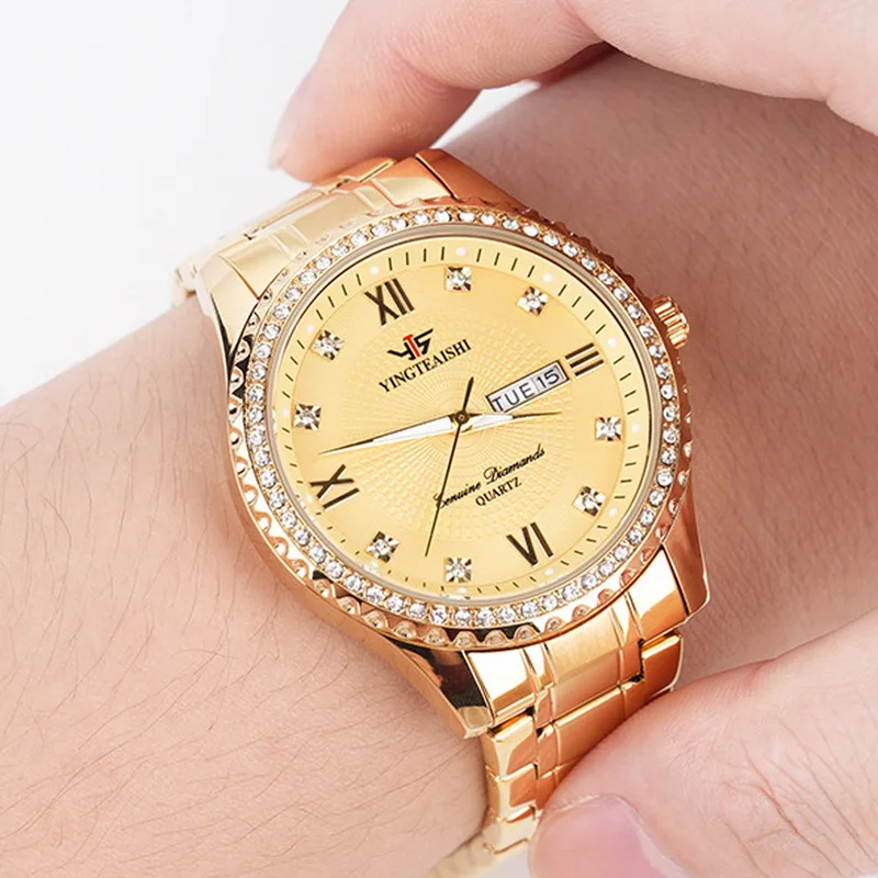 

2026 New Men's Golden Quartz Watch Luxury Diamonds Multi-Function Business Style Waterproof Wristwatch with Date & Week Calendar