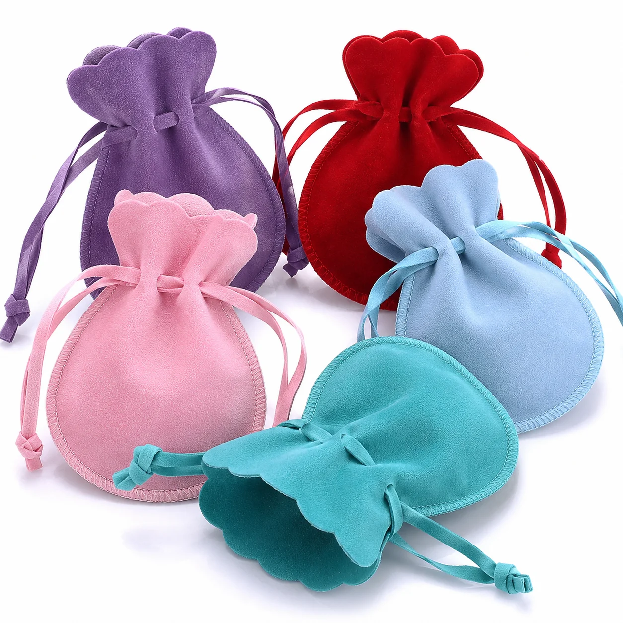 10 Stück Bunte Samtbeutel mit Kordelzug und Wellenspitze, Weiche Flanell-Geschenktaschen für Schmuckaufbewahrung und Verpackung kleiner Gegenstände – Detail 4