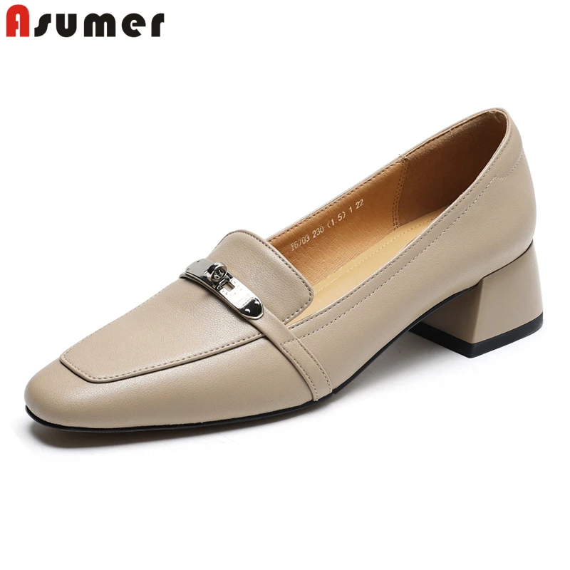 

ASUMER Plus Size 34-43 New Genuine Leather Shoes Women Sqaure Mid Heels Brand Fashion Office Dress Shoes Female Pumps