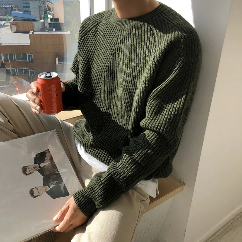 Korean Solid Knitted Bottom Shirt Mens Harajuku Streetwear Loose Casual Round Neck Knitwear Tops Male Solid Simple Warm Pullover