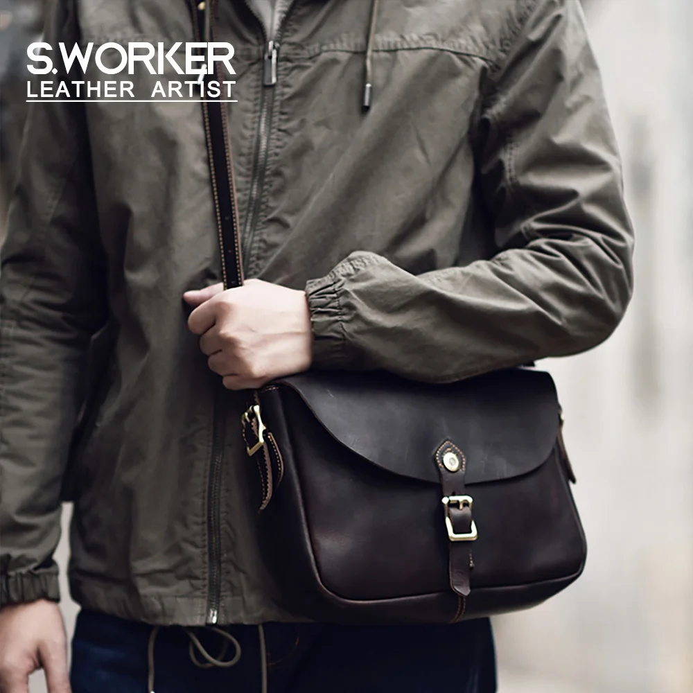 Vintage Echtleder Herren 11" Messenger Bag Umhängetasche Crazy Horse Rindsleder Schultertasche Top-Layer-Leder Mode Casual – Detail 2