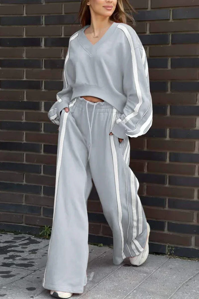 Striped T Shirt+Sweatpants Two Piece Set Women Casual Loose Lantern Sleeve Sports Tops Outfits Autumn Winter Wide Leg Pants Suit