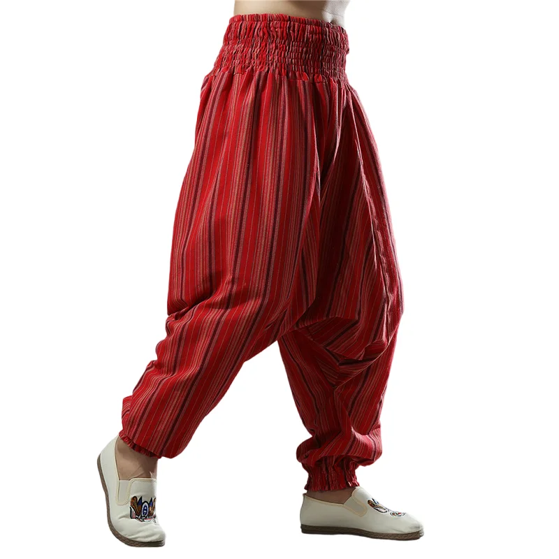 

Men Cotton Baggy Hippie Yoga Ankle Harem Pants Strip Printed Plus Size Trousers Aladdi Elastic Waist Loose Fit Boho Wide Leg