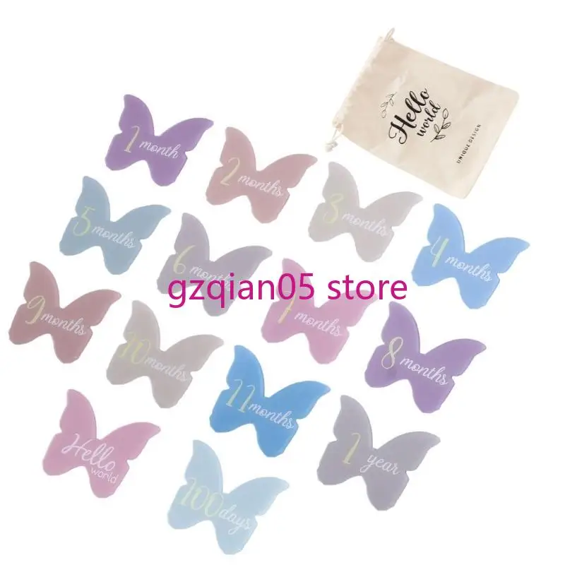 N7ME Pack of 14pcs Baby Acrylic Landmark Cards Cloud/Butterfly Photo Props Toy التذكارية لنمو الأطفال حديثي الولادة