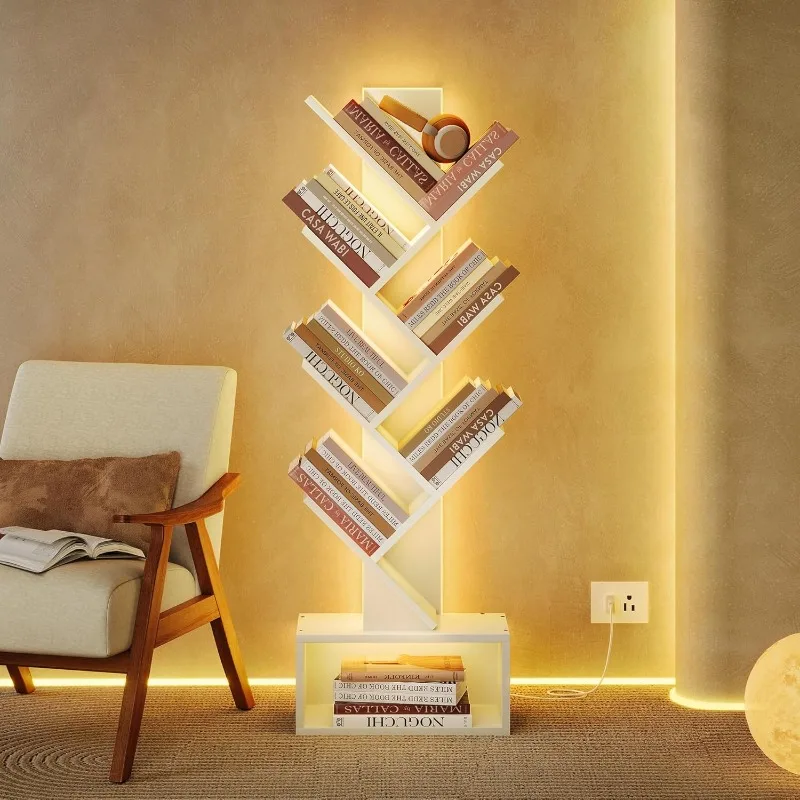 

6 Tier Tree Bookshelf, Tall Bookcase with Drawer, Freestanding Book Shelf with LED Lights, Display Floor Standing