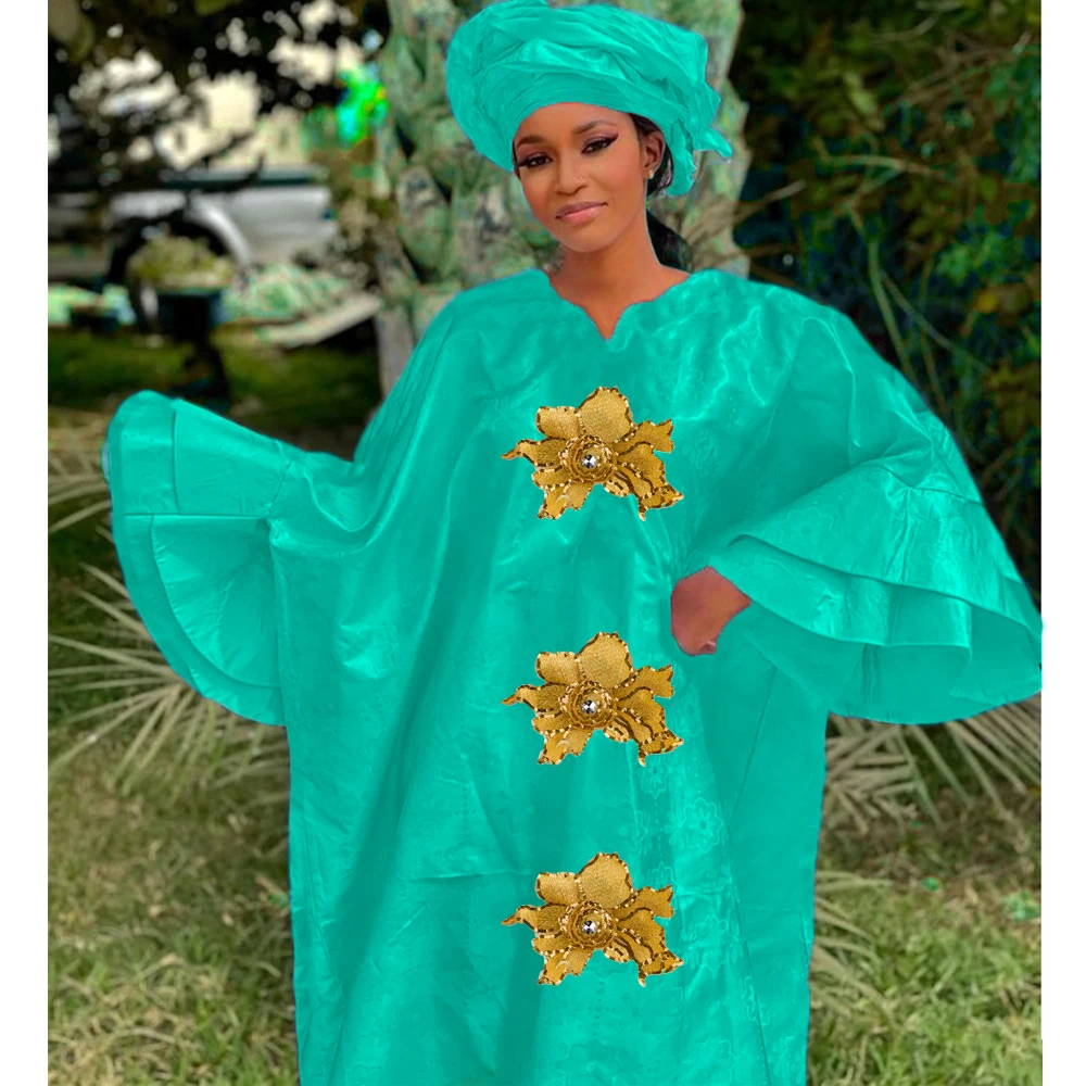 African Femme 2023 Nouveauté Bazin Riche Long Dresses Large Size Top Quality Basin Riche Dashiki Robe Clothing With Headscarf