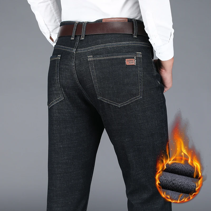 

New Winter Men's Warm Fleece Thermal Jeans Business Fashion Classic Black Blue Denim Straight Thick Velvet Pants Brand Trousers