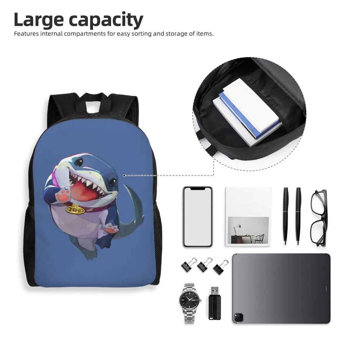 Jeff The Land Shark Backpack Student Boys Girls BookBag School Bag Laptop Shoulder Bags
