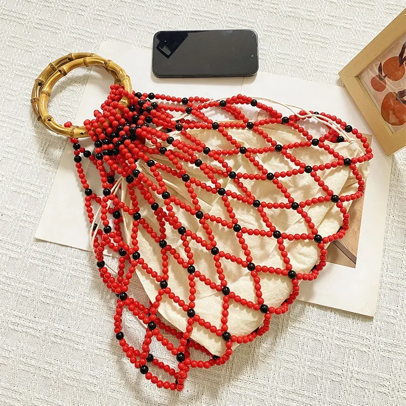 

Женские сумки с бамбуковой ручкой и бисером, полый тканый клатч ручной работы, большая вместительная дорожная пляжная женская сумка, роскошный кошелек-тоут