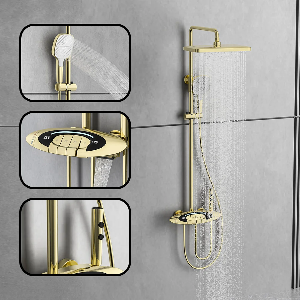 

High End Brushed Gold Digital Thermostatic Smart Bathroom Shower Faucet Set Bathtub Rainfall Brass Mixer Shower System Bath Taps