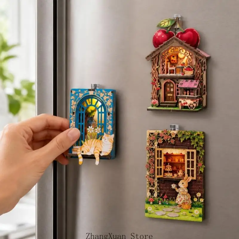 DIY Holz Mini Haus Modell Magnetische Dekore für Kühlschrank und Whiteboards 3XUF – Detail 8