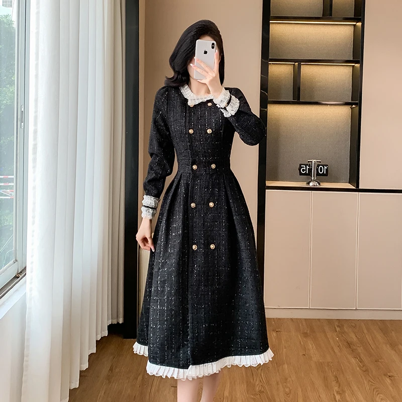 French Autumn Winter Tweed Double-Breasted Midi Dress New Elegant Women\'s O Neck Long Sleeve Ruffles Trim Elastic Waist Vestidos