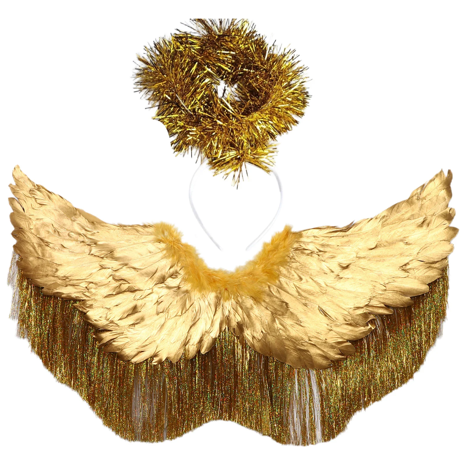Halloween Show Photography Props Golden Angel Feather Wing Metallic Silk Princess Wing Headband Model Catwalk Stage Show Costume