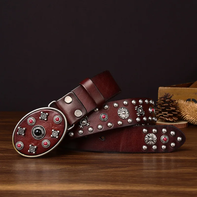 Top Layer Rivet Punk Male Belt Genuine Leather Belts Novelty Designed Personally Gift for Man Geometry Decoration for Jeans