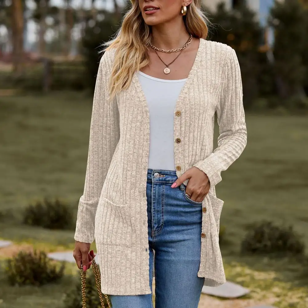 

Waffle Knit Cardigan Elegant Knitted Women's Winter Coat with Soft Pockets Anti-pilling Technology Stylish for Fall