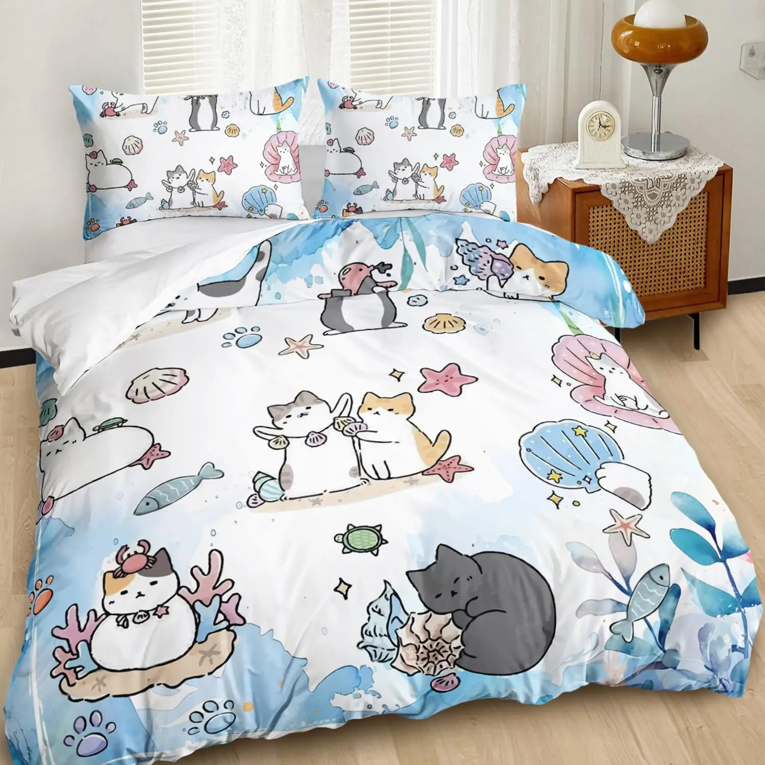 

Cartoon Cat Duvet Cover Set Full Size, Cute Cat Bedding Sets For Kids Girls, Blue Watercolor Cat Comforter Covers Set All Season