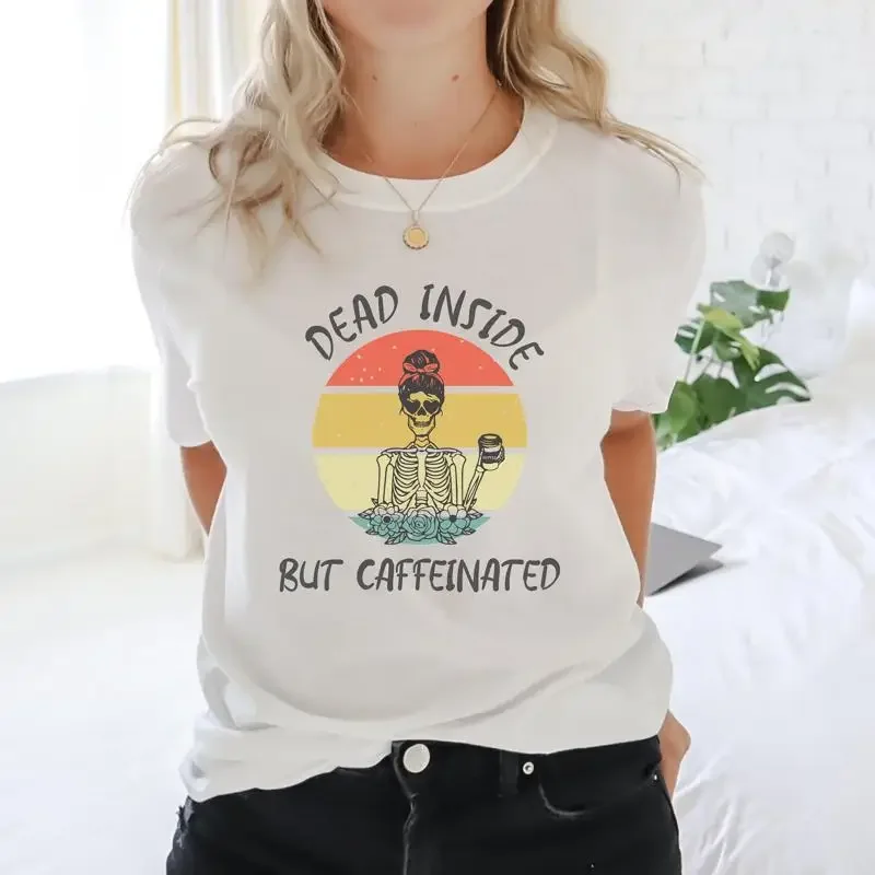 Dead Inside but Caffeinated Skelton T Shirt Halloween Fall Coffee Skeleton Sarcastic