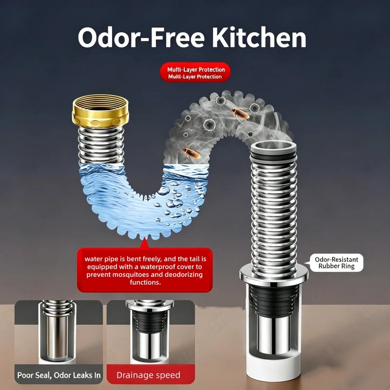 40/60cm Stainless Steel Kitchen Bathroom Sink Siphon Waste Drain Flexible Pipe Hose Deodorant Wash Basin Sewer Universal Drainer
