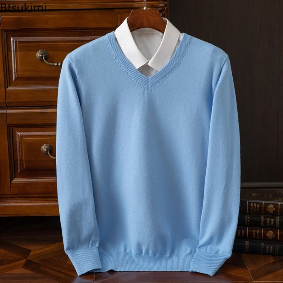 Autumn Winter Knitted Pullover V-neck Men's Pullover Base Sweater Casual Business Sweater Loose Solid Color Long Sleeved Sweater
