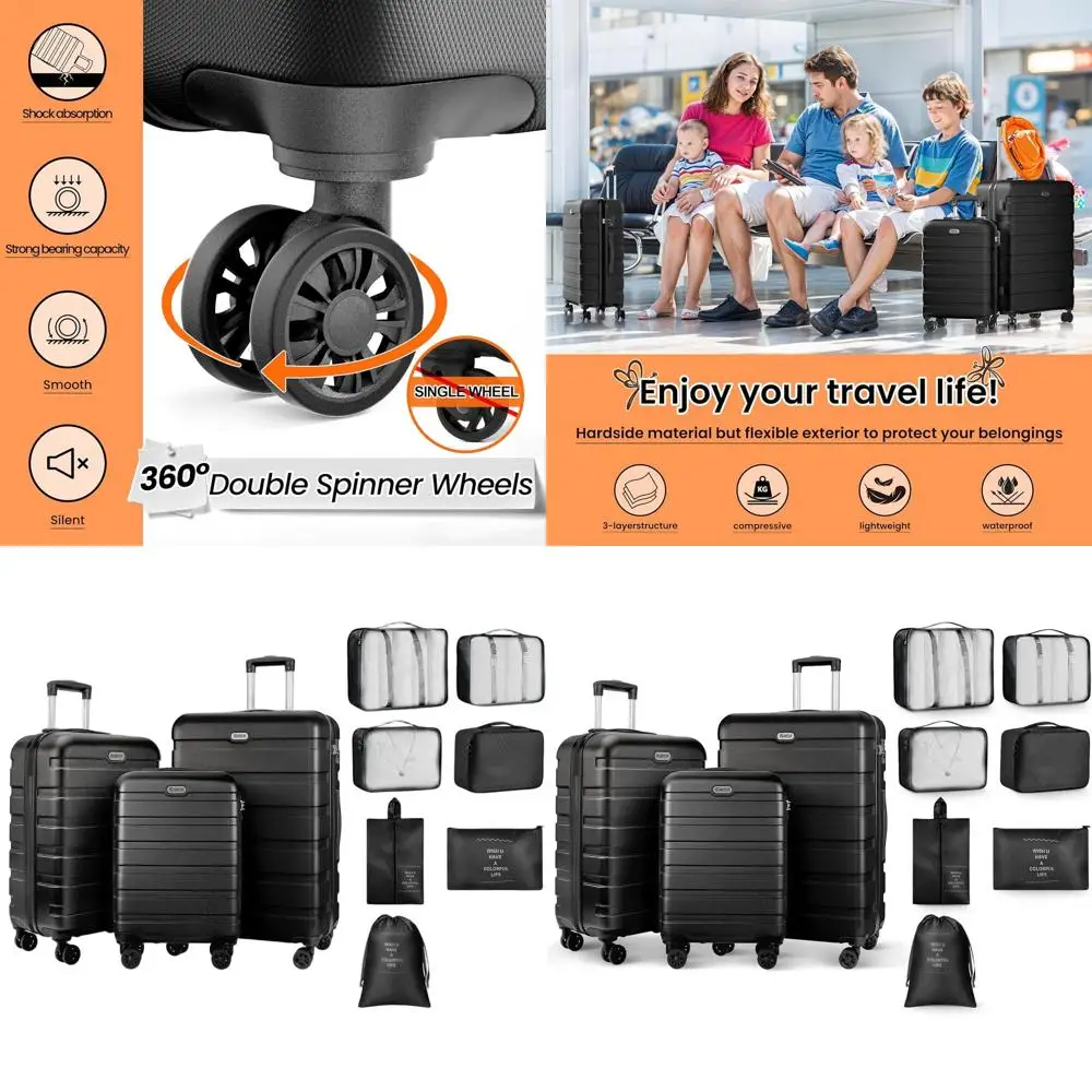 

10-Piece Hardshell Suitcase Set with Spinner Wheels, TSA Lock, and Storage Bags, 20-28 Inch, Black