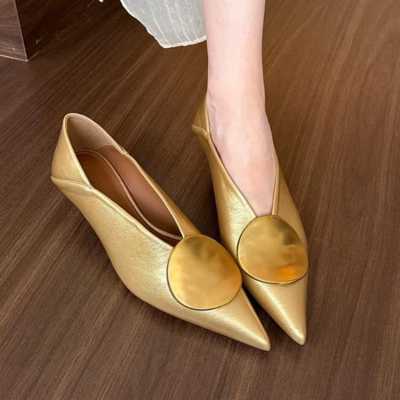 2025All-match Gold Pointed-toe Metal Buckle Single Shoes Women Wear Light-heeled Small Leather Shoes Twice in Summer