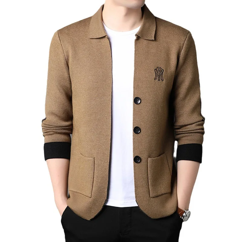 Fall Winter Men Thick Knit Cardigan Korean Business Casual Small Suit Polo Collar Solid Color Sweater Coat Men's Top