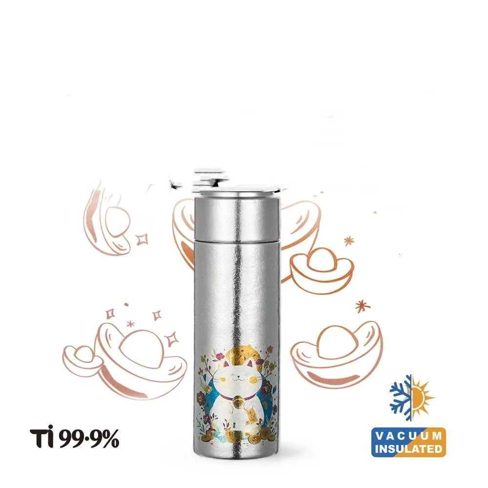 Japanese Style Fortune Cat Titanium Water Bottle Vaccum Thermos For Tea With Infuser Lucky Cat Insulated Coffee Cup 200ML