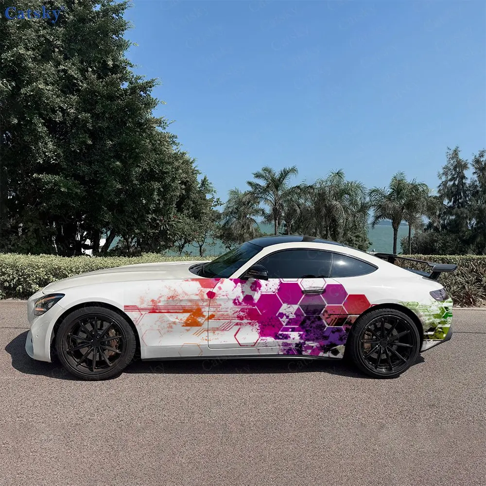 2pcs Hexagon Geometric Ink-Splatter, Durable, Fade-resistant, Enhance Vehicle Aesthetics With Artistic Design Car Vinyl Wraps