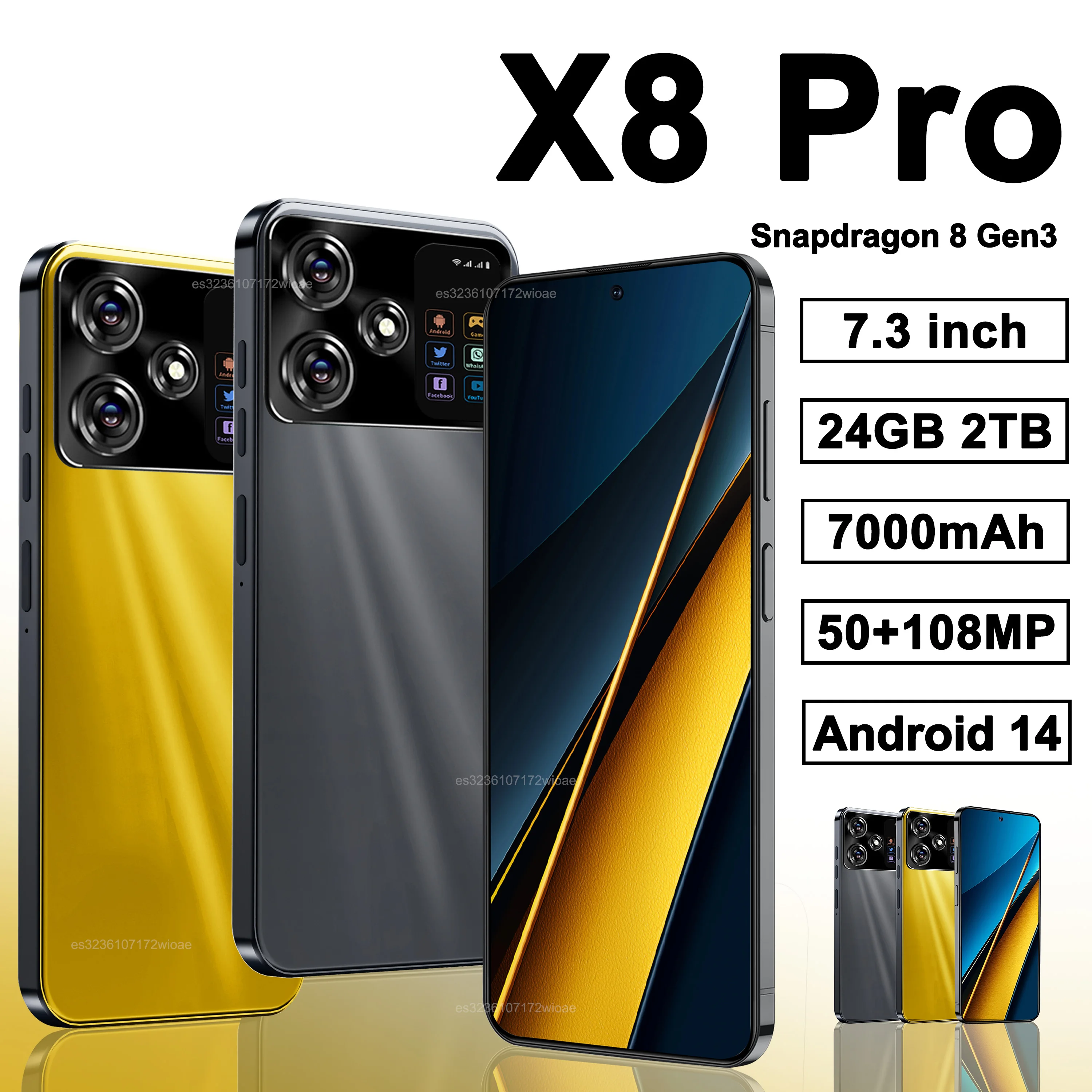 Original X8 Pro Smartphone 7.3inch Global Version 16G+1TB Snapdragon 8 gen3 Android14 50+108MP 4G/5G Cellphone Mobile Phone NFC