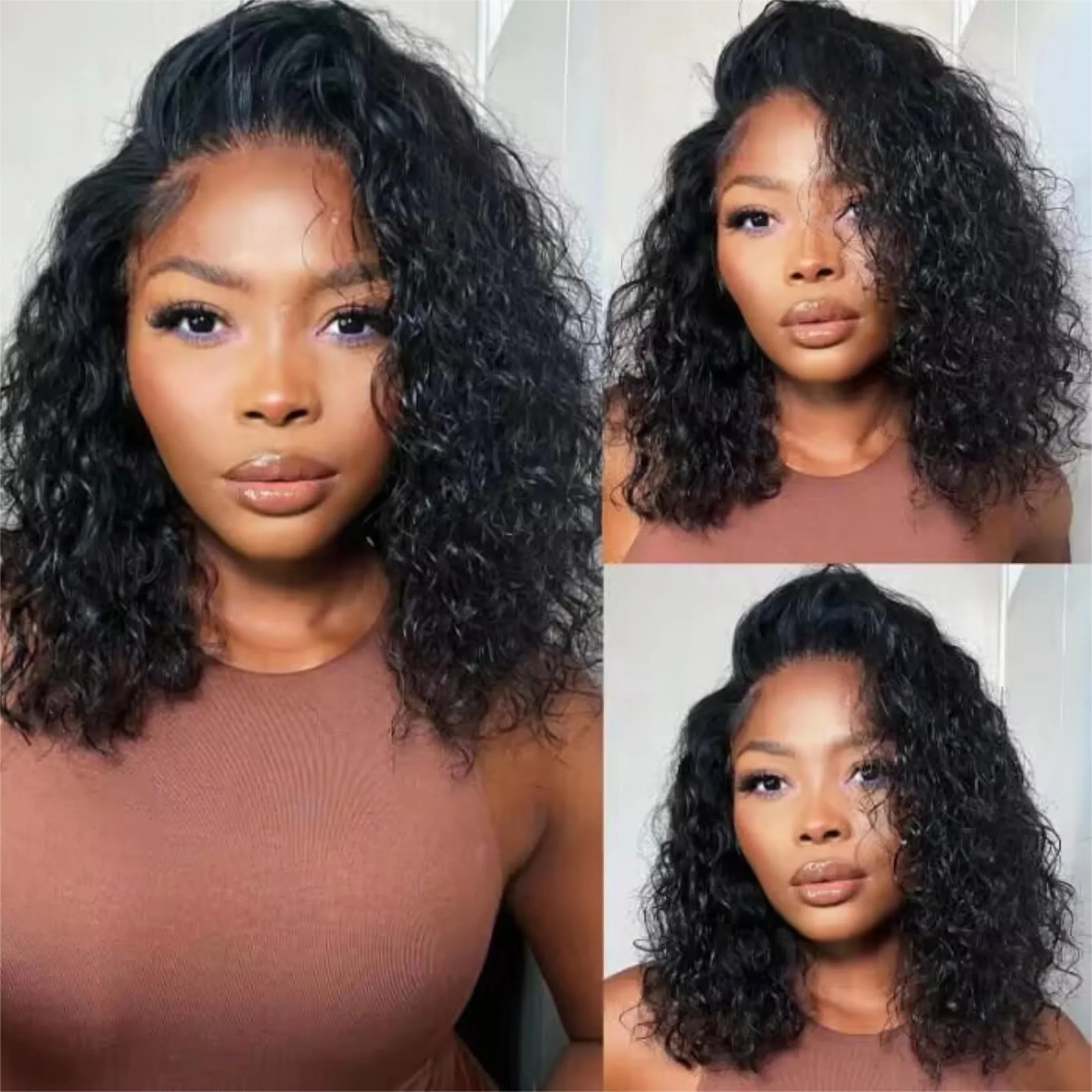 8-14 Short Inch Curly Wave Short Bob Human Hair Wigs 200 Density 13x4 Deep Water Wave HD Lace Front Wigs Preplucked Prebleached view 2