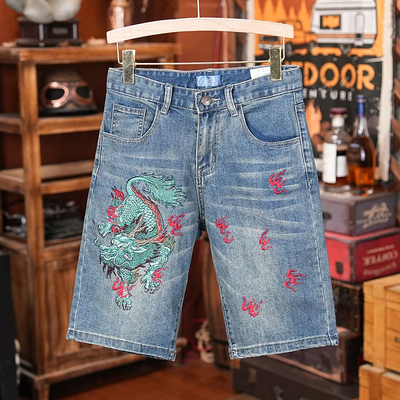 Summer Men's Chinese Style Embroidered Denim Shorts, Harajuku Style Hip-hop Three-quarter Pants, Street Loose Straight Pants