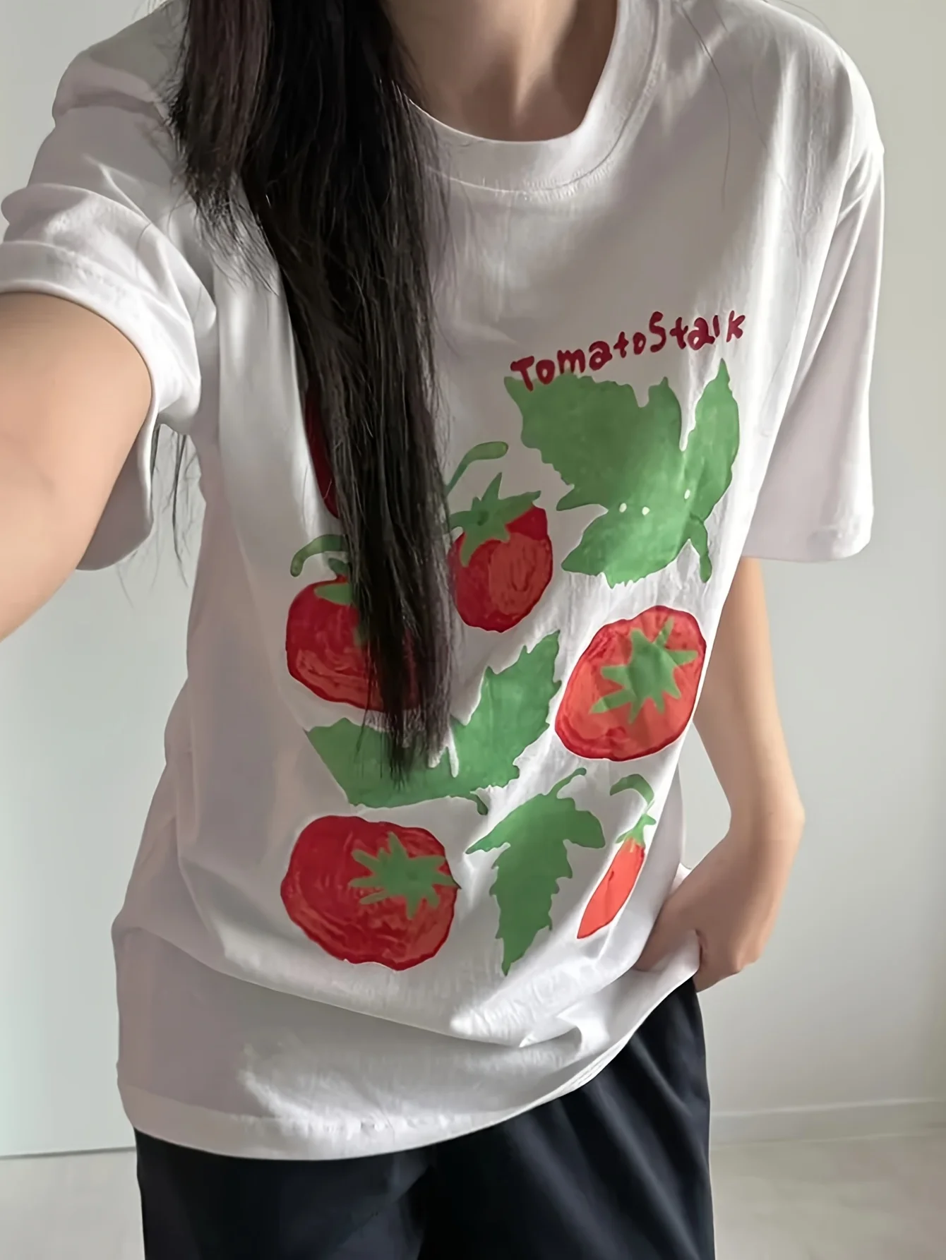Camiseta con estampado de tomate de estilo coreano para mujer, camisetas holgadas y versátiles Retro de manga corta con cuello redondo, novedad de verano 2025, camisetas informales para mujer