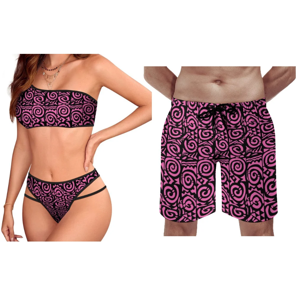 

Polynesian Customizable Couple Swimwear Women Bikini Men Trunks Light Poly Fabric YearRound Beach Ready