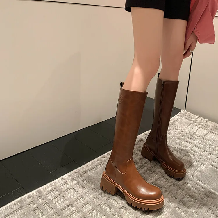 Botas grossas de cavaleiro para mulheres, salto grosso, cabeça redonda, zíper lateral, comprimento do joelho, manga alta, moda, novo, 2023