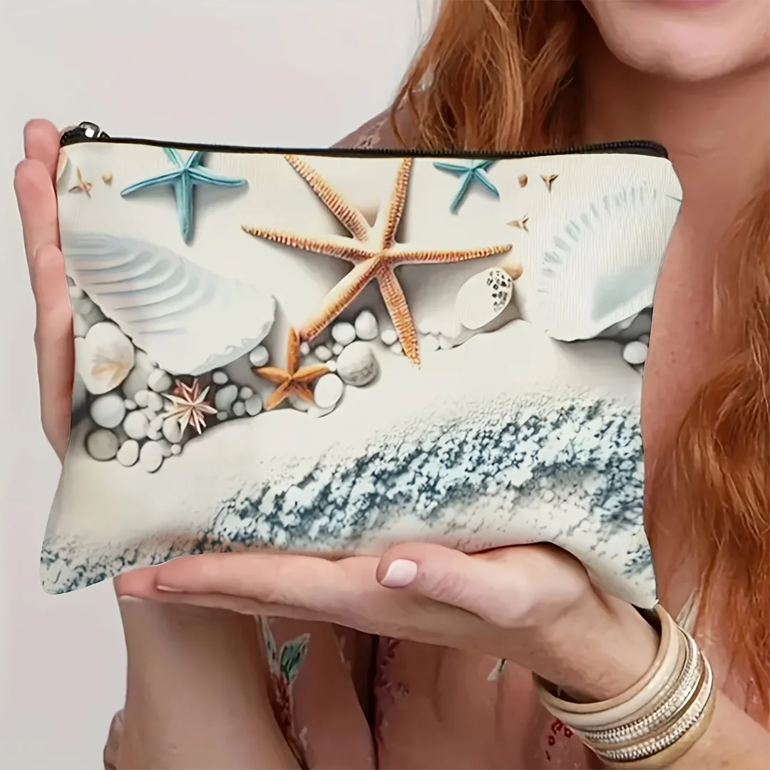 

Nautical Themed Zippered Makeup Bag with Starfish and Seashell Design Foldable Travel Toiletry and Cosmetic Organizer for Beach