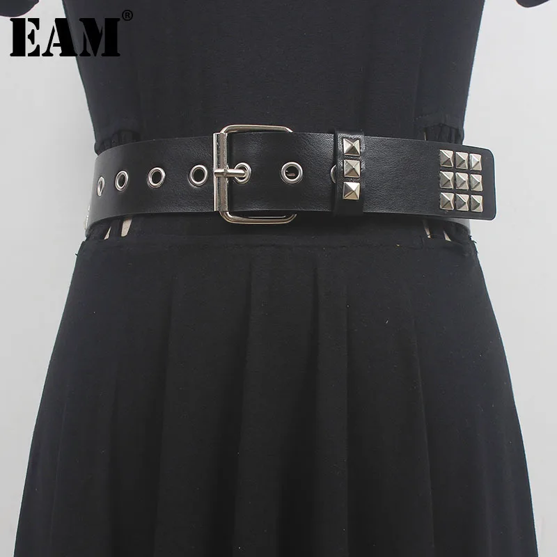 

[EAM] Pu Leather Black Rivet Long Wide Vintage Belt Personality Women New Fashion Tide All-match Spring Autumn 2024 1DH5543