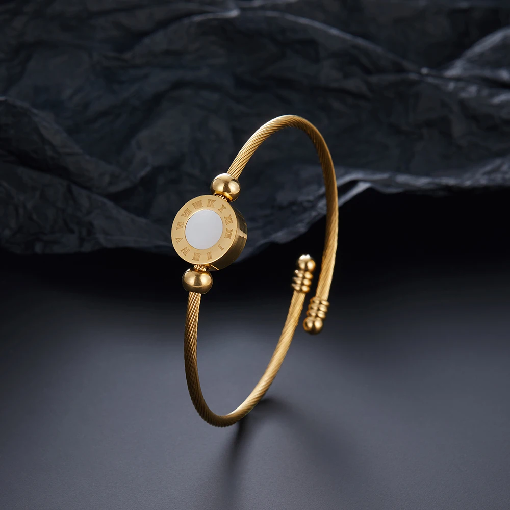 

Adjustable Gold Roman Numeral Wire Bangle, Stainless Steel Open Cuff Bracelet, Elegant Fashion Jewelry for Women Gift