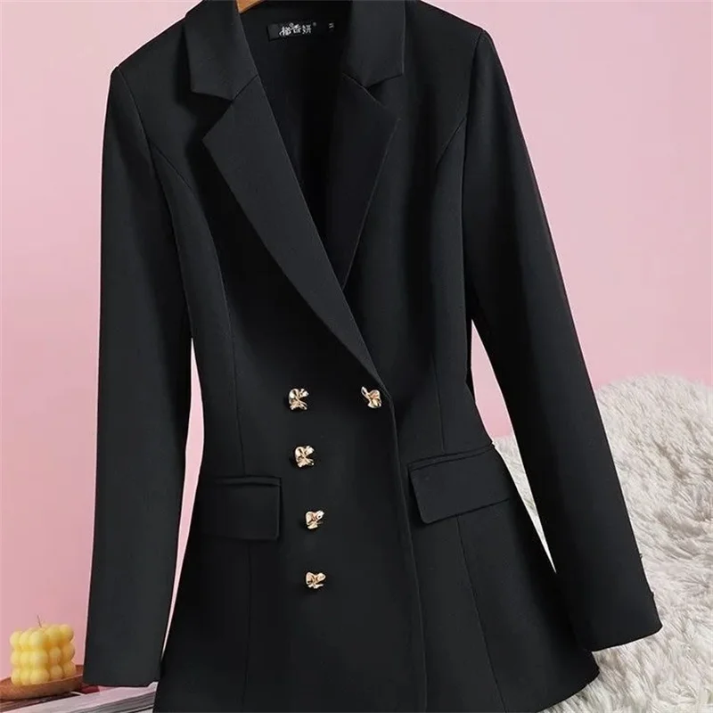 

2026 Spring & Autumn New Black Waist-Cinching Stylish Casual Suit Premium Double-Breasted Blazer Women's Top Suit Jacket Black
