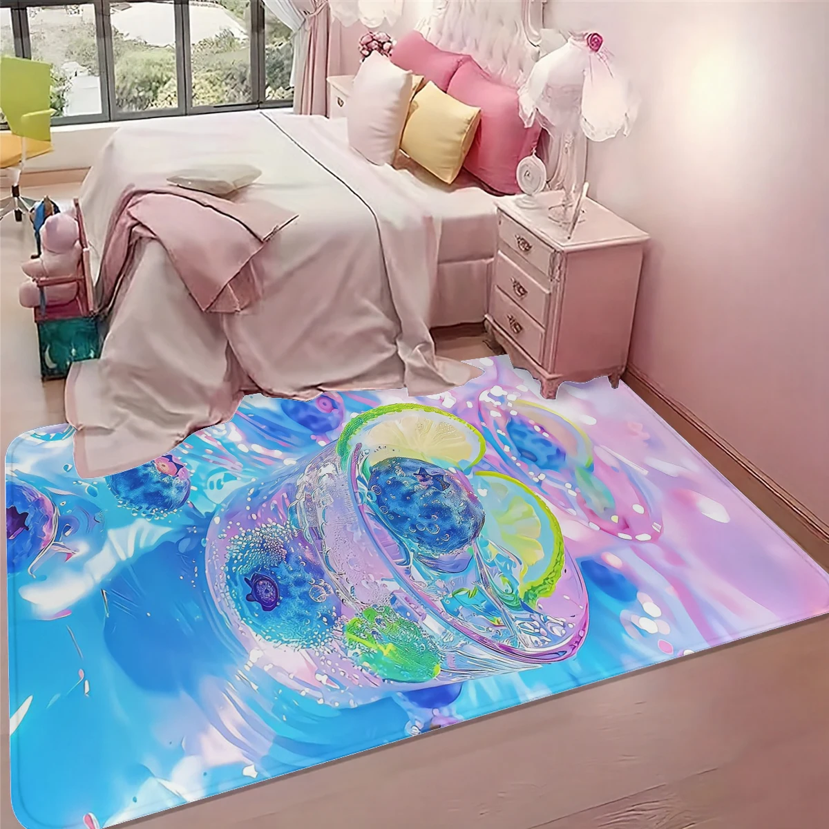 1Pc Summer Refreshing Lemon Soda Floor Mat Colorful Fluid Art Bedroom Bedside Non-Slip Stain-Resistant Atmosphere Carpet